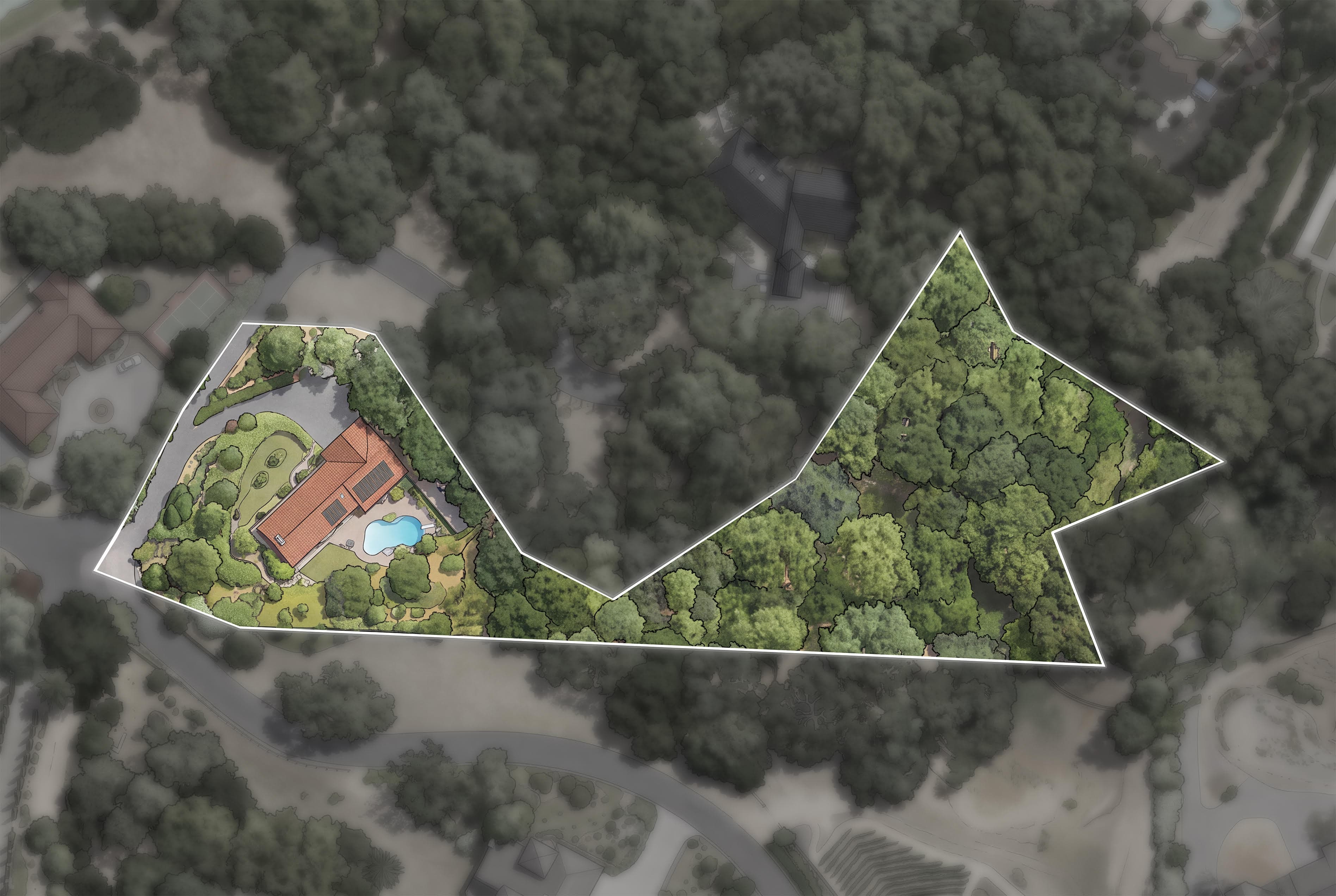 Site plan of 481 Montcrest Place showing the 1.97 acre parcel, the residence, the motor court, the pool terrace and the wooded slope beyond.