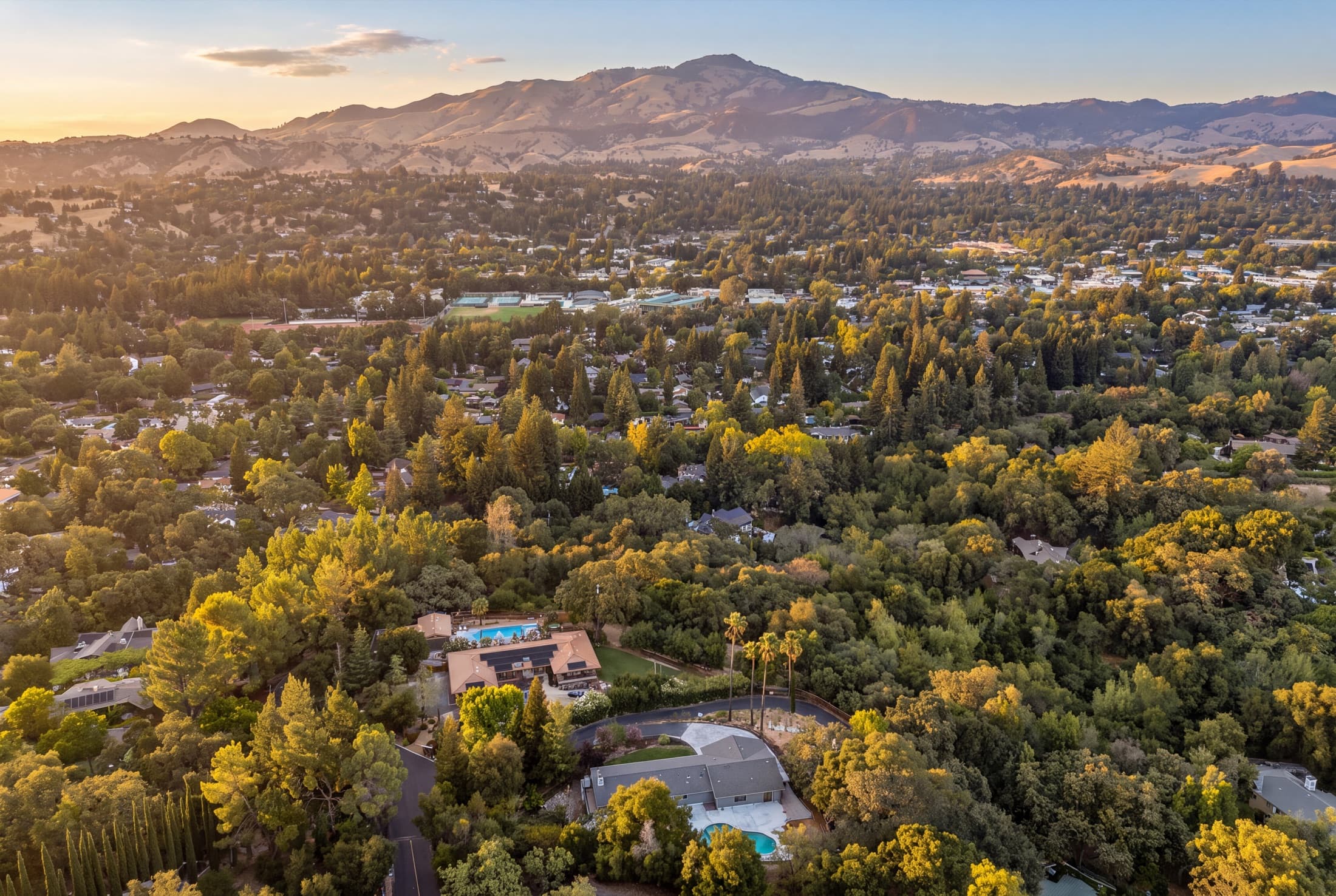 The Montcrest ridge above Danville at golden hour, with the summit of Mount Diablo behind.